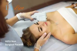 Woman having Hi-Fu to reduce wrinkles Cambridgeshire.