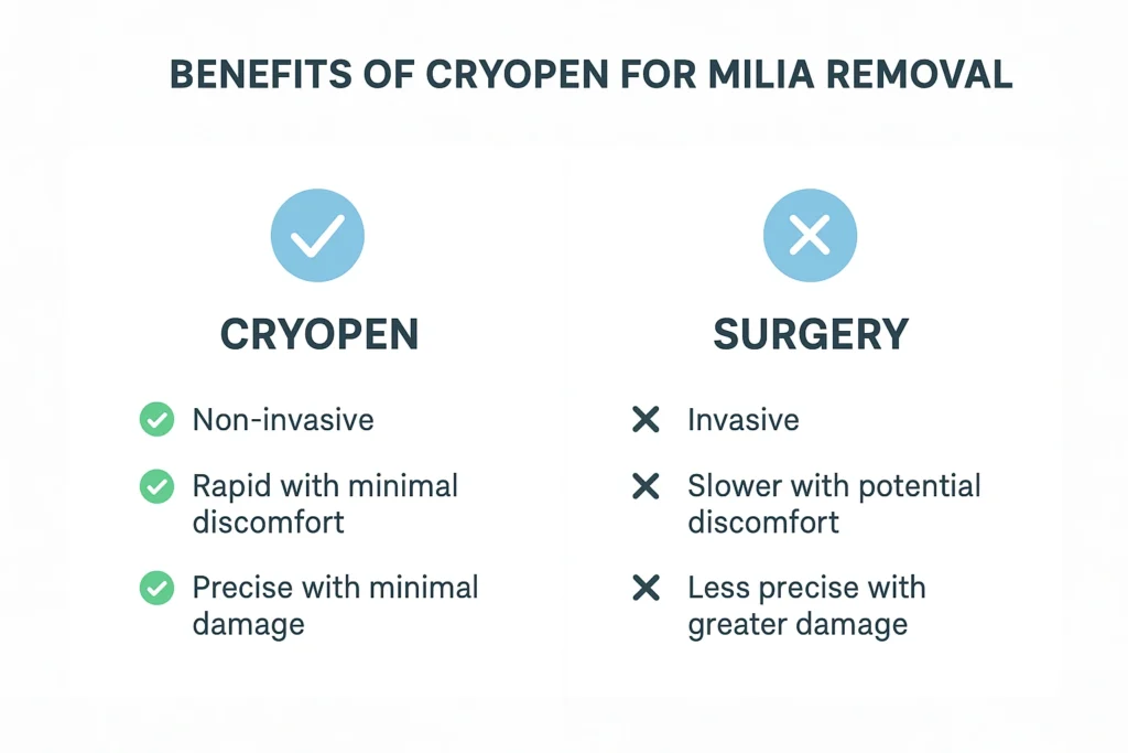 Benefits of cryopen for milia removal Cambridgeshire compared to surgical treatments.