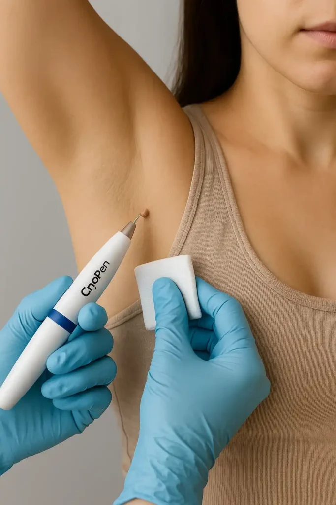 woman having cryopen to remove underarm skin tags Cambridgeshire