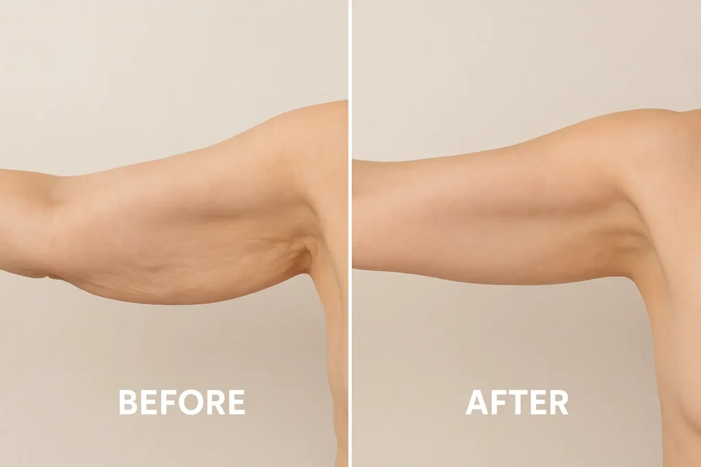 Picture of LA LIPO Cambridgeshire before and after results of skin tightening treatment on the upper arms.