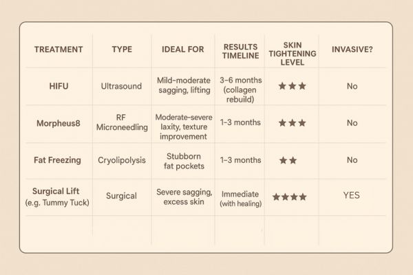 Table showing the comparisons of Skin tightening Cambridgeshire treatment options.